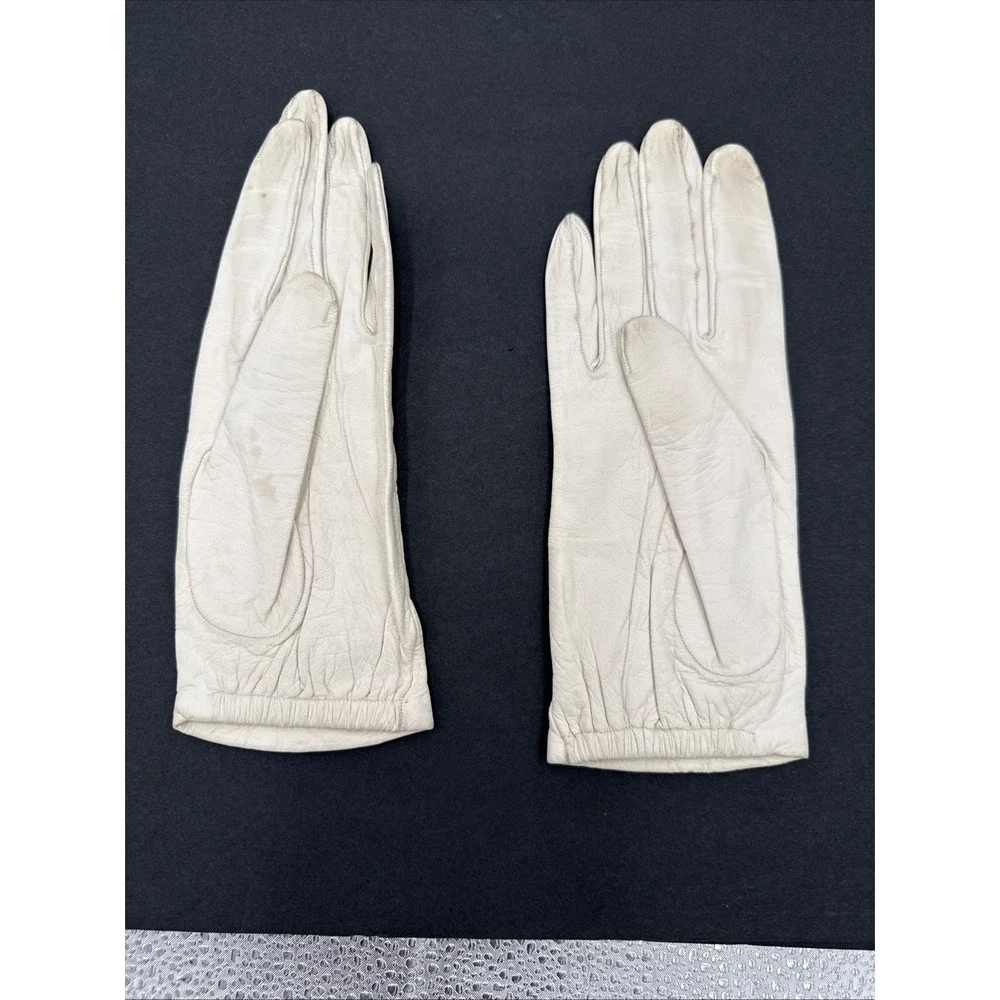 Vtg Lionel Le Grande Kidskin Leather White Wrist W/ Bow Gloves‎ Made In France